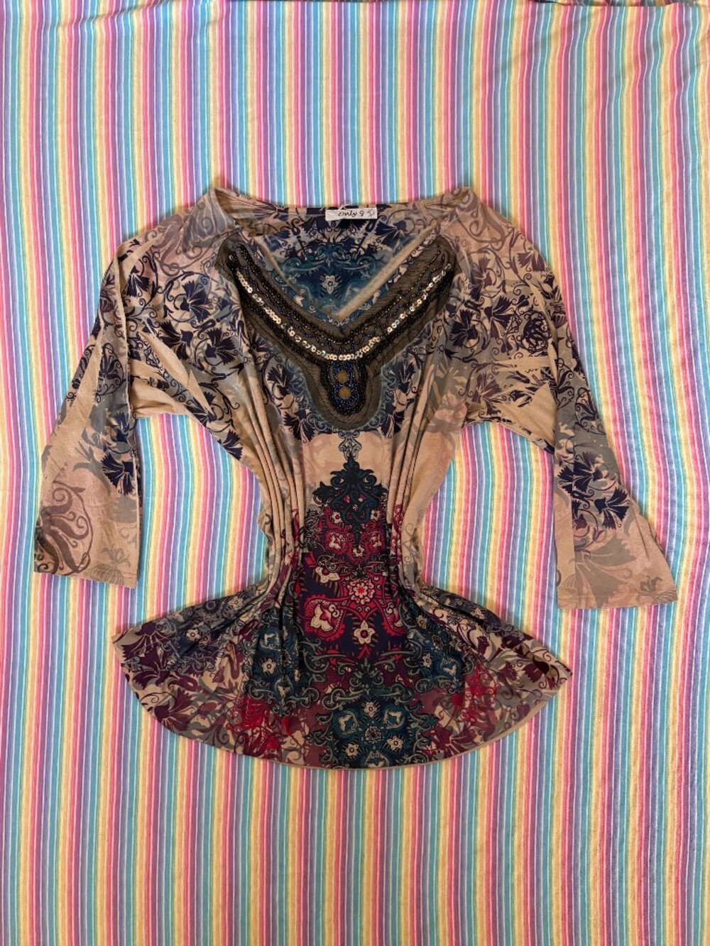 Vintage Only 9 Y2K Whimsygoth Beaded Sequin Paisley Tunic Top Size Medium